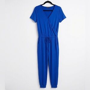PrettyGarden Royal Blue Wrap V-Neck Jumpsuit Jogger Short Sleeve Pockets Medium